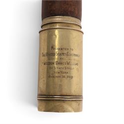 Early 20th century leather-bound three drawer brass telescope, inscribed 'Presented to The United States Government by Weedon Dawes Williams 24 State Street New York January 30 1918 US Navy no.20781', full length L75cm