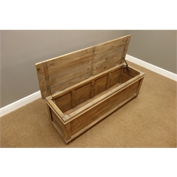  Planked rustic pine finish rectangular blanket box with hinged lid, W140cm, H48cm, D45cm  