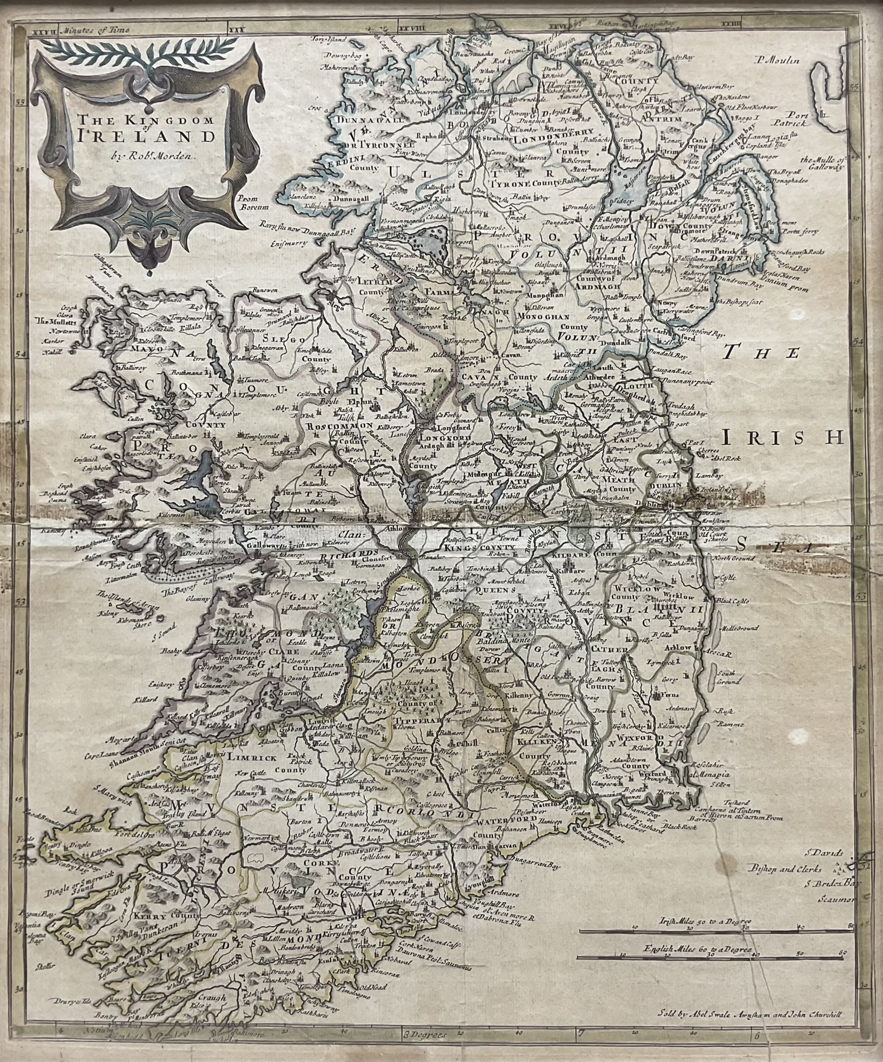 Robert Morden (British c.1650-1703): 'The Kingdom of Ireland', 18th century engraved map with later hand colour 42cm x 35cm