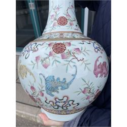 Chinese Qing Dynasty famille rose baluster vase decorated with bats, peaches etc with Tongzhi marks H40cm