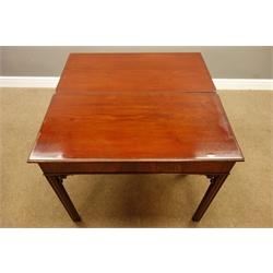  18th century mahogany tea table, moulded rectangular folding top on square moulded supports with inner chamfer, fret work corner brackets, singe gateleg action, W87cm, H74cm, D43cm  