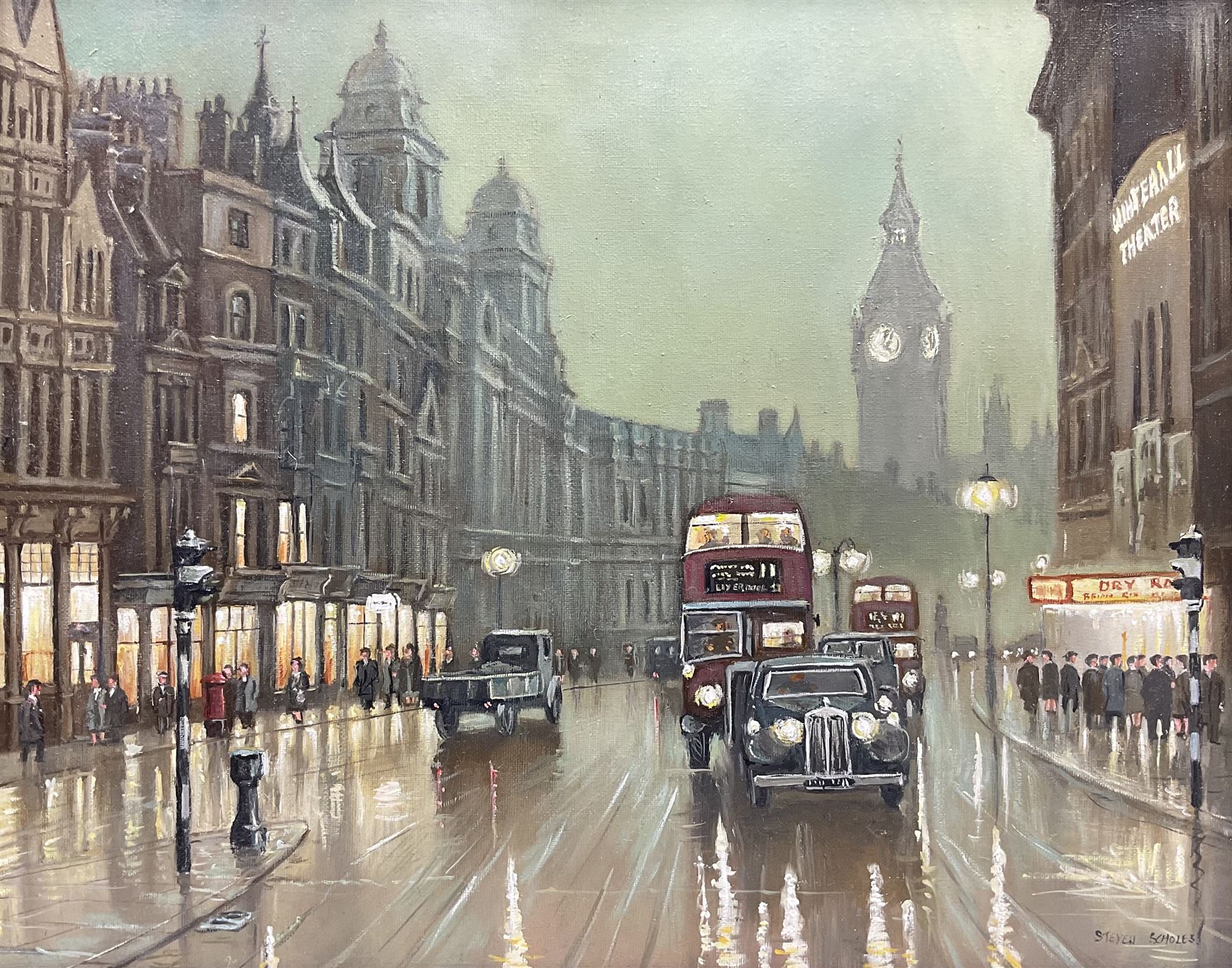 Steven Scholes (Northern British 1952-): 'Whitehall - London 1962', oil on canvas signed, titled verso 39cm x 49cm