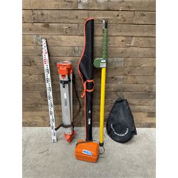 Collection of surveyors equipment including an automatic level and tripod stand and Hilka Pro Craft distance measuring wheel
