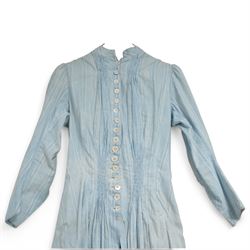Victorian ladies button-down bodice and skirt, in blue and white striped fabric with pleated detailing, the skirt with gathered bustle back