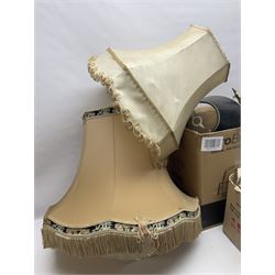 French Adrian helmet and cow horn gong stand; and quantity of lamp shades, etc, helmet H47cm