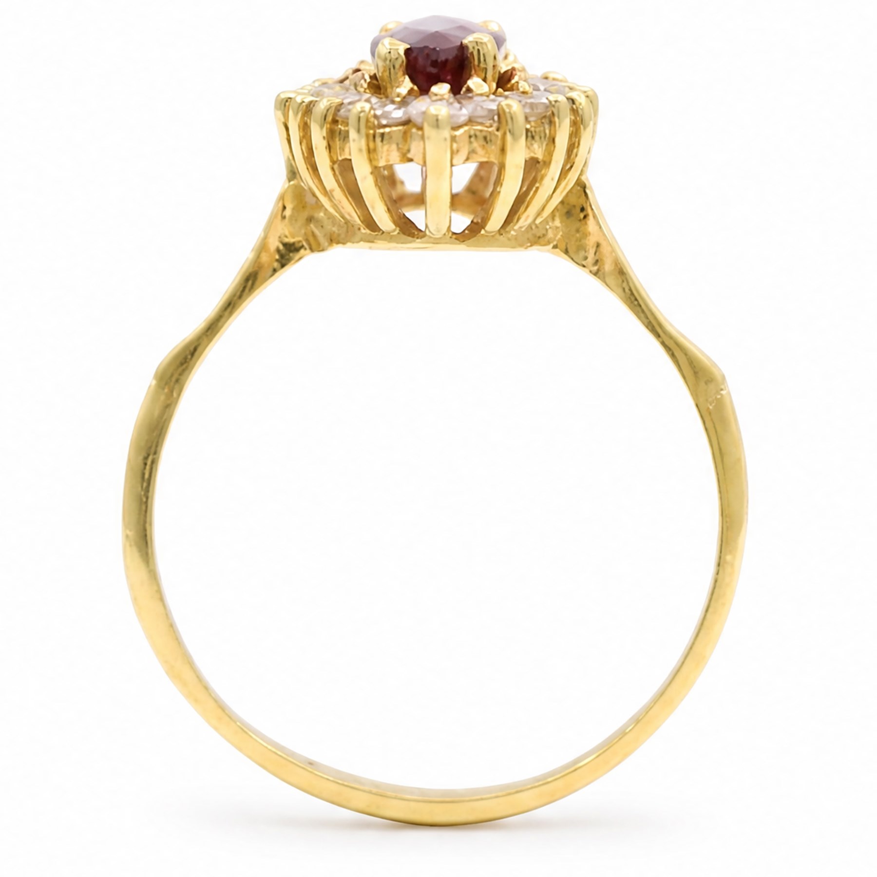 18ct gold ruby and diamond cluster ring, single marquise cut ruby of approx 0.90 carat, surrounded by sixteen round brilliant cut diamonds, stamped 750