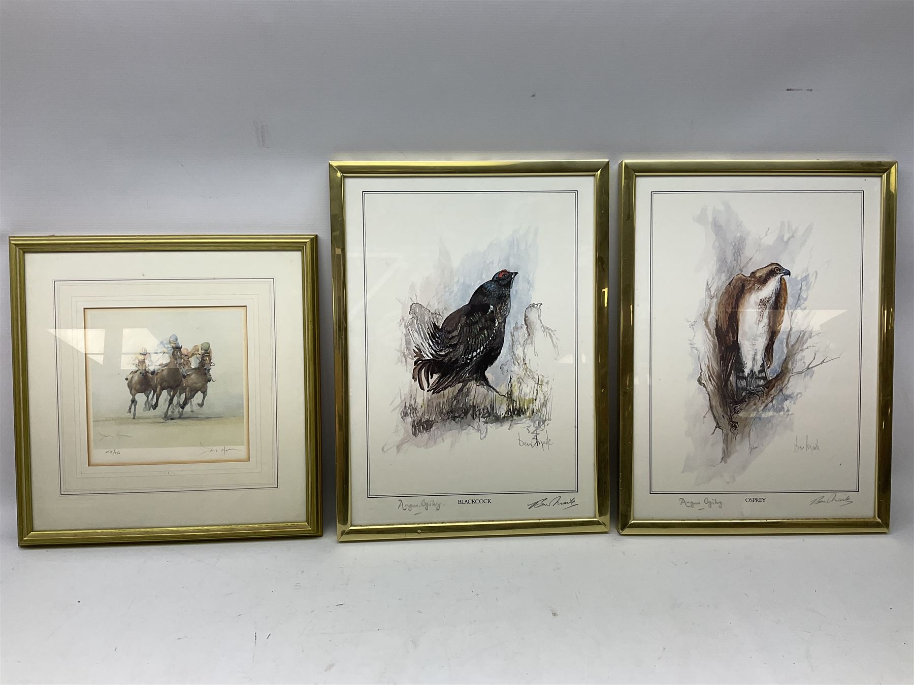 After Ben Maile (British 1922-2017): 'Blackcock' and 'Osprey', pair colour prints signed in pencil together with a print of a Terrier after Mick Causton and three horse related prints max 40cm x 28cm (6)