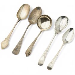 Set of six Edwardian silver coffee spoons London 1902 Maker Josiah Williams & Co, various other silver teaspoons, preserve spoons with mother of pearl handles, silver and mother of pearl fruit knife, early 19th century punch ladle, unmarked, etc