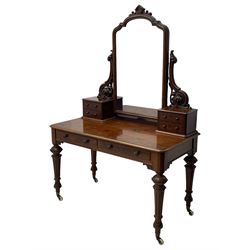 Victorian figured mahogany two-piece bedroom set - the washstand with white and black marble moulded top with arched back and raised shelf, two moulded frieze drawers, on turned and fluted supports with brass and ceramic castors (W123cm, D60cm, H102cm); the dressing table with raised swing mirror in moulded frame with shell and scroll carved pediment, on scrolled horns carved with foliage, four raised trinket drawers over moulded rectangular top, fitted with two drawers, on turned and fluted supports with brass and ceramic castors (W122cm, H177cm, D62cm)