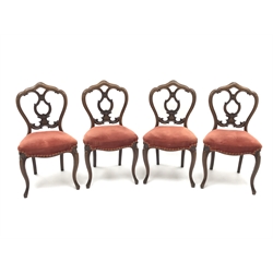  Victorian set of four rosewood salon chairs each with pierced back, overstuffed seat and cabriole front legs, W48cm  