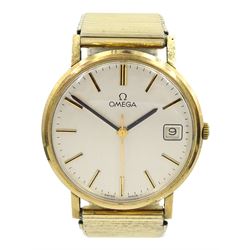 Omega 9ct gold gentleman's manual wind wristwatch, silvered dial with date aperture, on expanding gilt bracelet