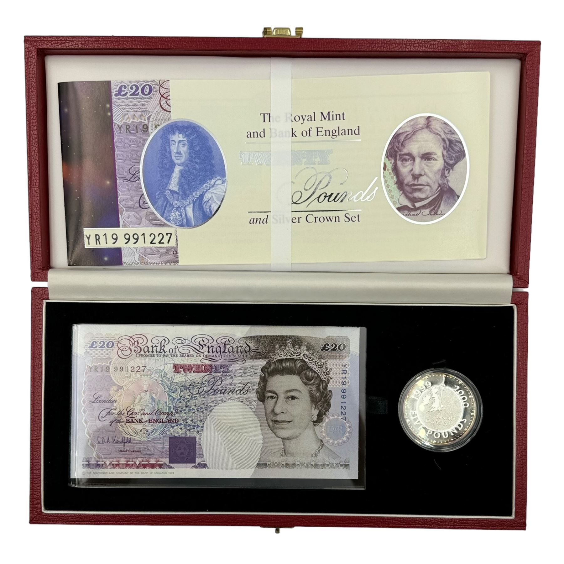 Three The Royal Mint and Bank of England silver proof five pound coin and banknote sets, comprising Kentfield ten pounds 'PW50' with 1998 five pound coin, Kentfield twenty pounds 'YR19' with 2000 five pound coin and Lowther twenty pounds 'YR20' with 2000 five pound coin, all cased with certificate