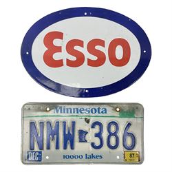 Enamelled Esso advertising type sign together with a Minnesota number plate, Esso H23cm