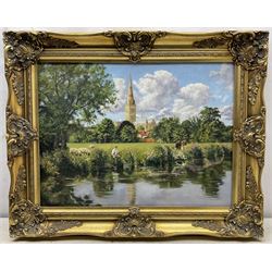 Stephen Park (British 1962-): Salisbury Cathedral from the River, oil on canvas signed 45cm x 60cm