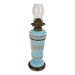 Victorian blue milk glass oil lamp by James Hinks & Son, with enamelled stipple decoration, H43cm