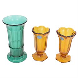 Collection of Davidson Amber Cloud glass, including vases, pedestal dish, flower frogs, together with other art deco glass 