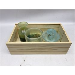 Mdina sea and sand glass vase, of cylindrical form, decorated in green, turquoise and brown, and matching vase, both unmarked together with a glass bowl and jug with gilt decoration 