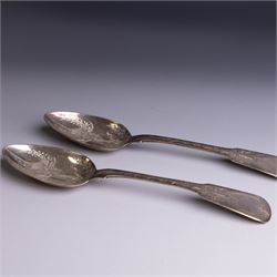 Pair of George III silver Fiddle pattern table spoons, each with bright cut floral and foliate decoration, hallmarked Sarah & John William Blake, London 1815
