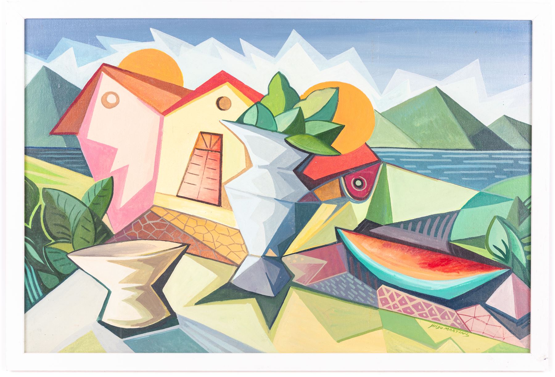 Nildo Martins (Brazilian 1948-): Abstract Fruit in Landscape, oil on board signed 39cm x 59cm 