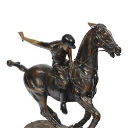 20th century spelter figure of a mounted polo player, upon a marble base, H60cm