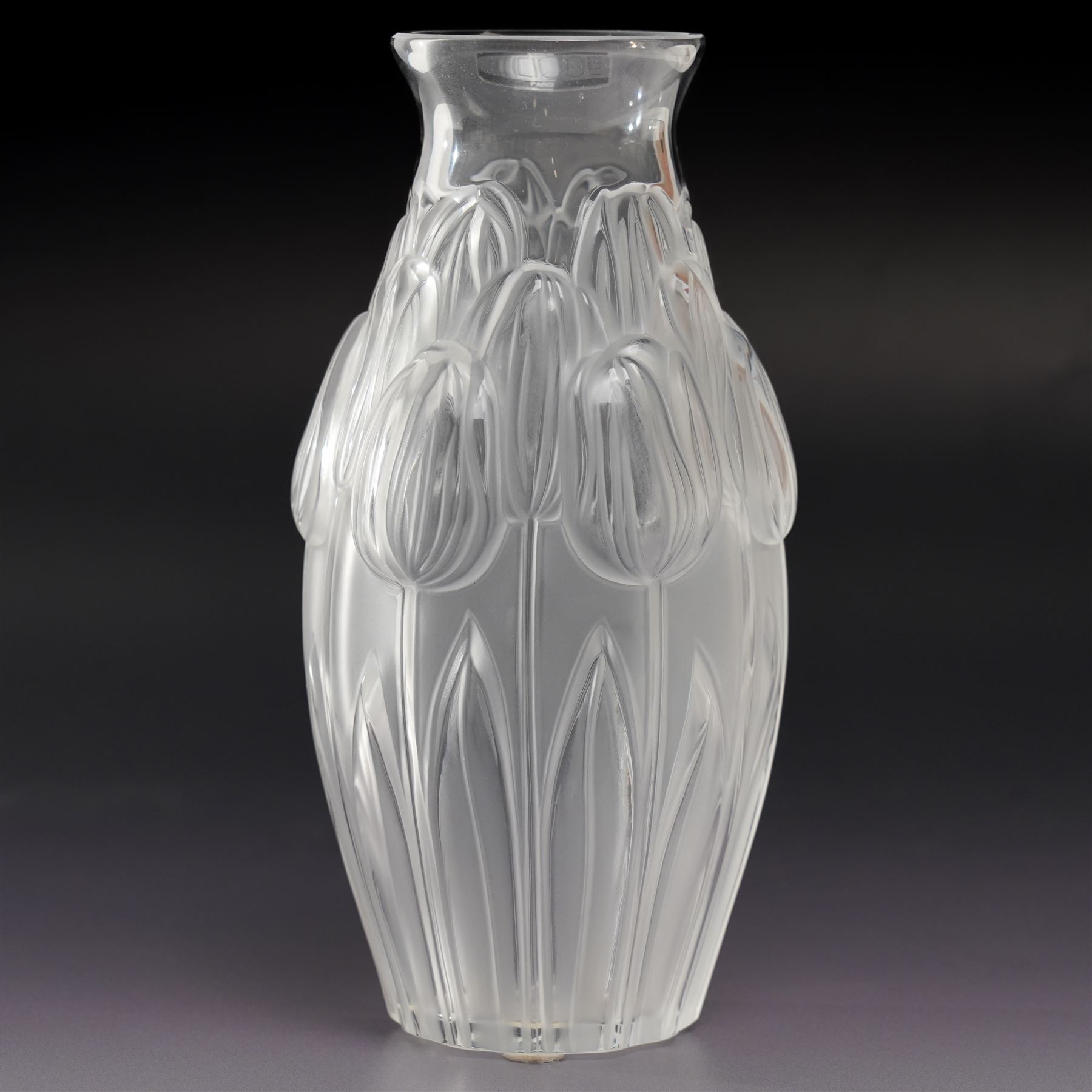 Lalique Tulip pattern glass vase of baluster form, the base signed 'Lalique, France' 17.5cm