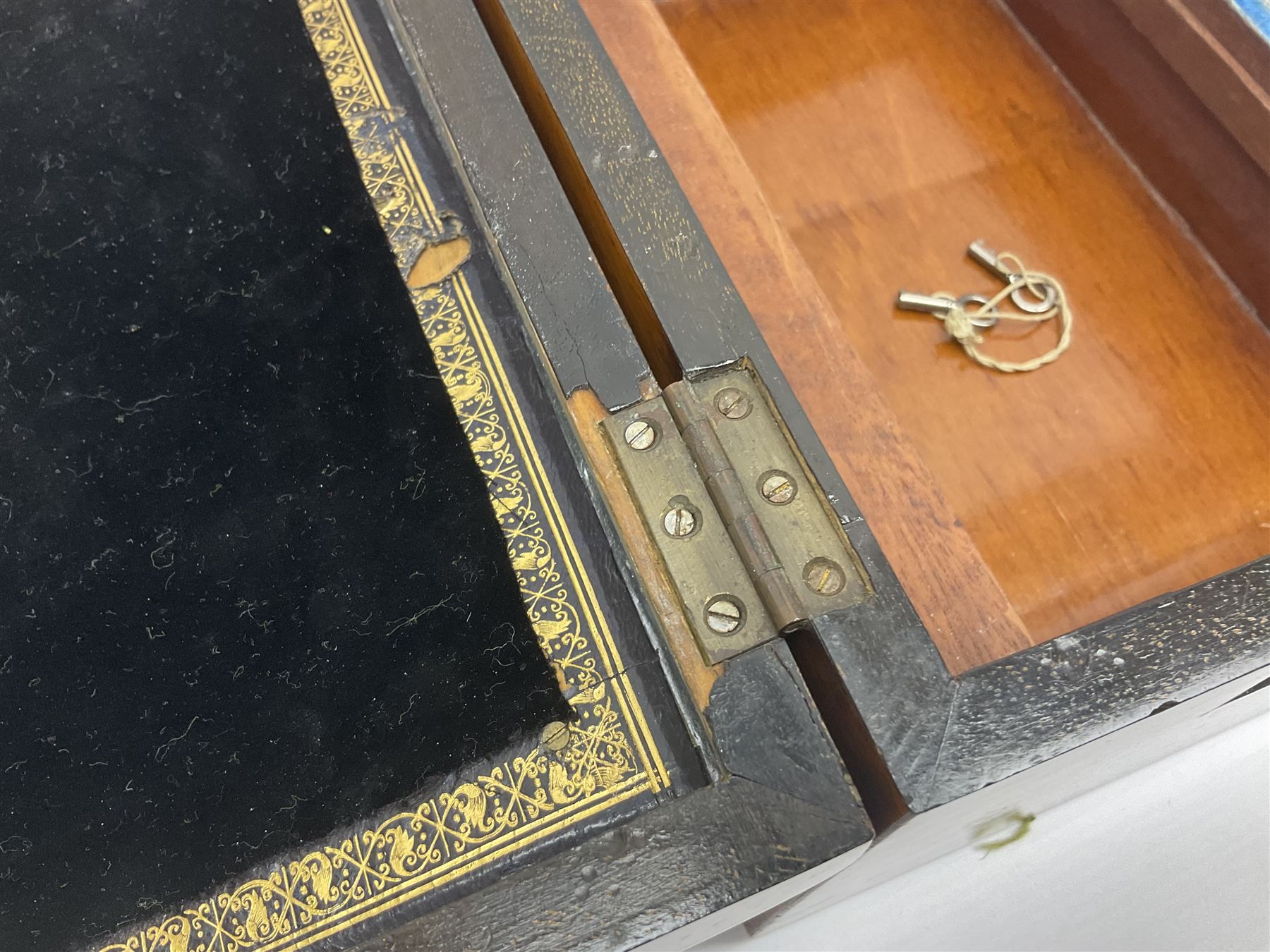 Victorian mahogany writing slope, the brass bound hinged cover opening to reveal tooled leather and gilt interior with two glass inkwells, together with a similar parquetry inlaid writing slope, with central mother of pearl inlay enrgraved 'Sarah', tallest H17cm 