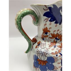 Two Masons Ironstone jugs, each in the Imari palette with serpent handles, with maker's mark beneath, tallest H24cm