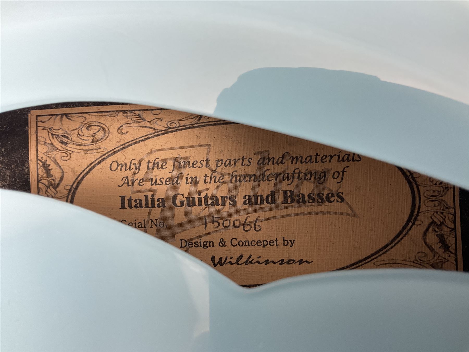 Italia Mondial electric guitar in blue with independent pick-ups, serial no.150066 L100cm; in original Italia carrying case 