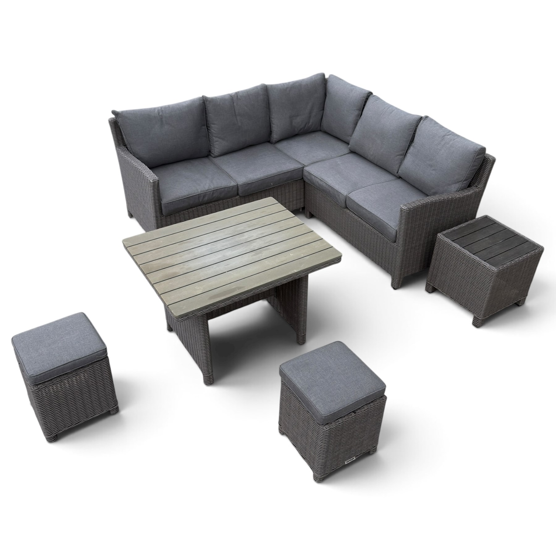 Kettler - Palma rattan garden lounge suite, comprising modular corner sofa (DIM) with slatted and rattan garden table on end supports (DIM), and three stools (DIM), with loose seat cushions