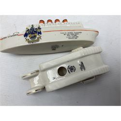 Twelve crested china models of WW1 tanks by Grafton, Arcadian and Carlton china etc with crests from Caistor Lincs, Saffron Walden, Paignton, Evesham etc  , together with a crested china model of the R.M.S Lusitania with New Brighton crest and a two-handled vase for 'The Forts Boxhill' (14)