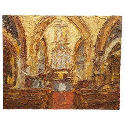 Barry De More (Yorkshire 1948-2023): 'Church Interior', oil and impasto on board signed and titled verso 25cm x 31cm