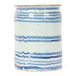 18th century English Delft blue and white drug jar, circa 1720-1760, probably London, of cylindrical form with short everted rim, painted with concentric blue bands, bearing Christie's lot label, H18cm D14cm

Provenance:
Lot 1601, British and Continental Ceramics and Glass, Christie's, 7th September 2006
From the collection of Lady Ottoline Morrell, Garsington Manor, Oxford