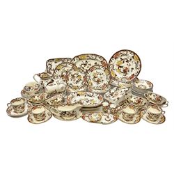 Masons Brown Velvet pattern tea and dinner wears, to include eight dinner plates, eight twin handled soup bowls and saucers, eight tea cups and saucers, cheese cover and plate, jug, meat platter etc (84)  