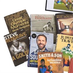 Ten travel related books, including Ted Simon Jupiter's Travels, On Tour The British Traveller in Europe, Norman Nicholson The Lakers, Greater Lakeland and Portrait of the Lakes and Nicholas Thomas A Guide to Prehistoric England and signed sporting books and photographs, comprising Johnny Wilkinson 11.5 x 8