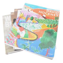 Three Royal Academy David Hockney posters, two David Hockney books and a collection of other art books including two Vetriano auction catalogues