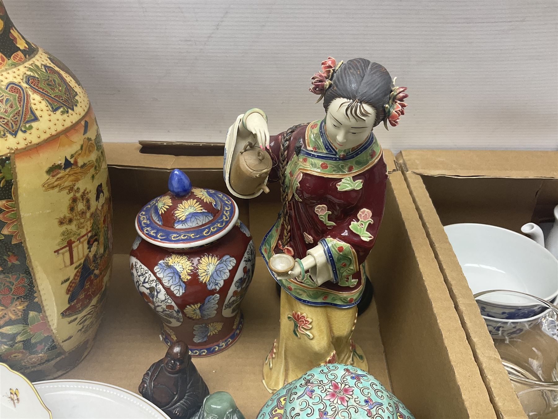 Pair of ginger jars, together with oriental figure, Kaiser plates, glassware etc, in two boxes 