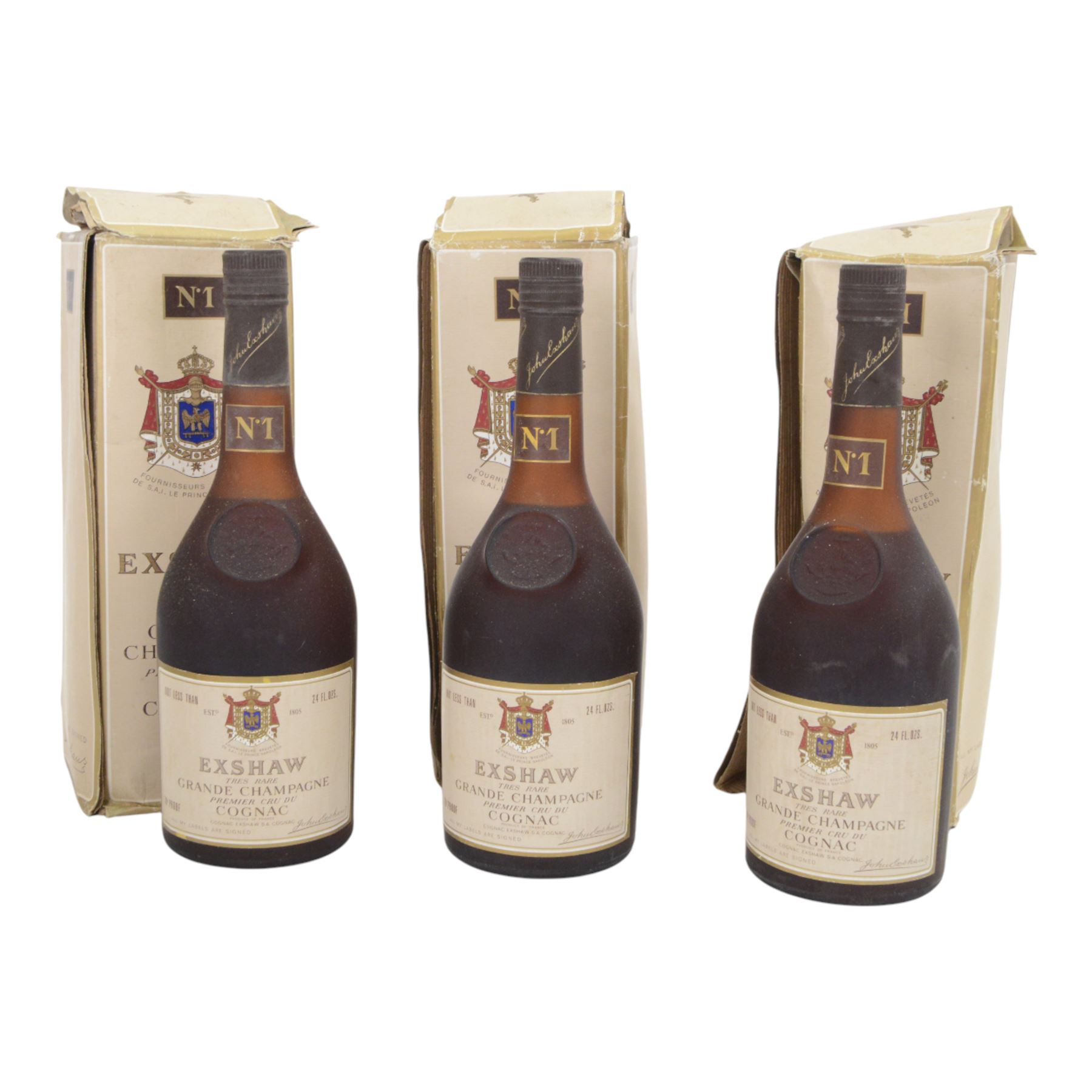 Exshaw Grande Tres Rare Champagne Premier Cru Du Cognac, 24 fl, 70% proof, three bottles 