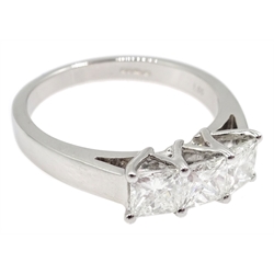  White gold three stone princess cut diamond ring, diamonds total weight 1 carat  