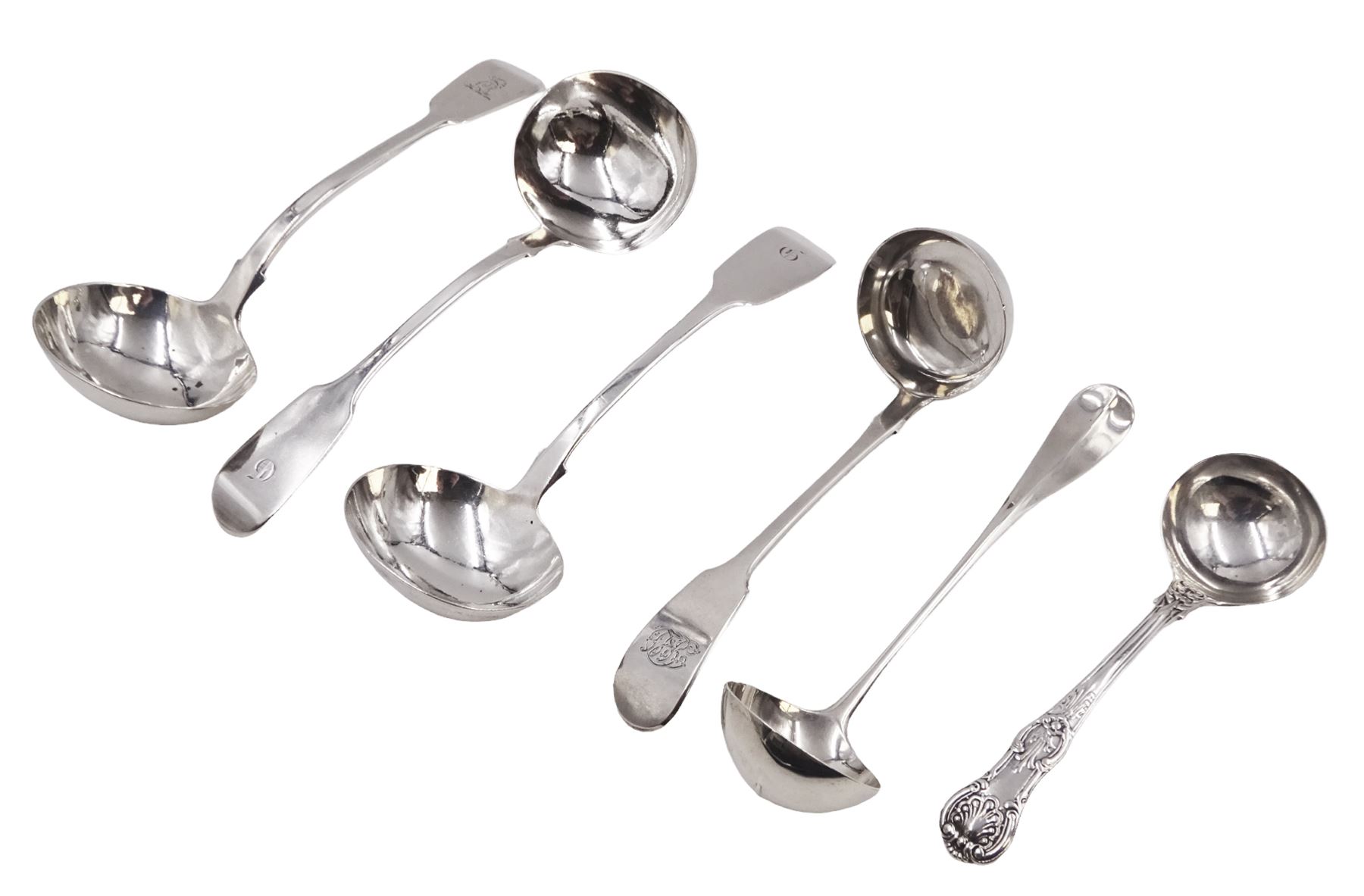 Collection of six Victorian silver sauce/toddy ladles, to include Hanoverian pattern ladle, with rattail bowl and curved handle,  hallmarked Henry Holland, London 1879, pair of Fiddle pattern sauce ladles, each with engraved initial to terminal, hallmarked William Robert Smily, London 1848 and a Queens pattern sauce ladle, hallmarked Samuel Hayne & Dudley Cater, London 1845 etc