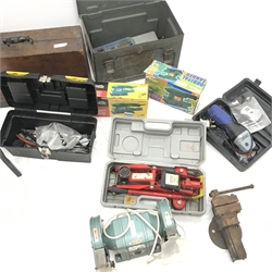 A quantity of tools including Nutool grinder, bench vice, trolley jack, folding work bench etc