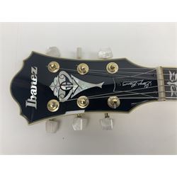 Ibanez George Benson 40th Anniversary arch top semi-acoustic guitar with floating pick-ups and mother-of-pearl inlay; model no.GB40THII serial no.S16120480; L104.5cm; in Ibanez hard carrying case with manual