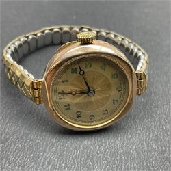 9ct gold jewellery, including rose gold cased ladies wristwatch on gilt stretch strap, pair of small hoop earrings and three other odd hoop earrings