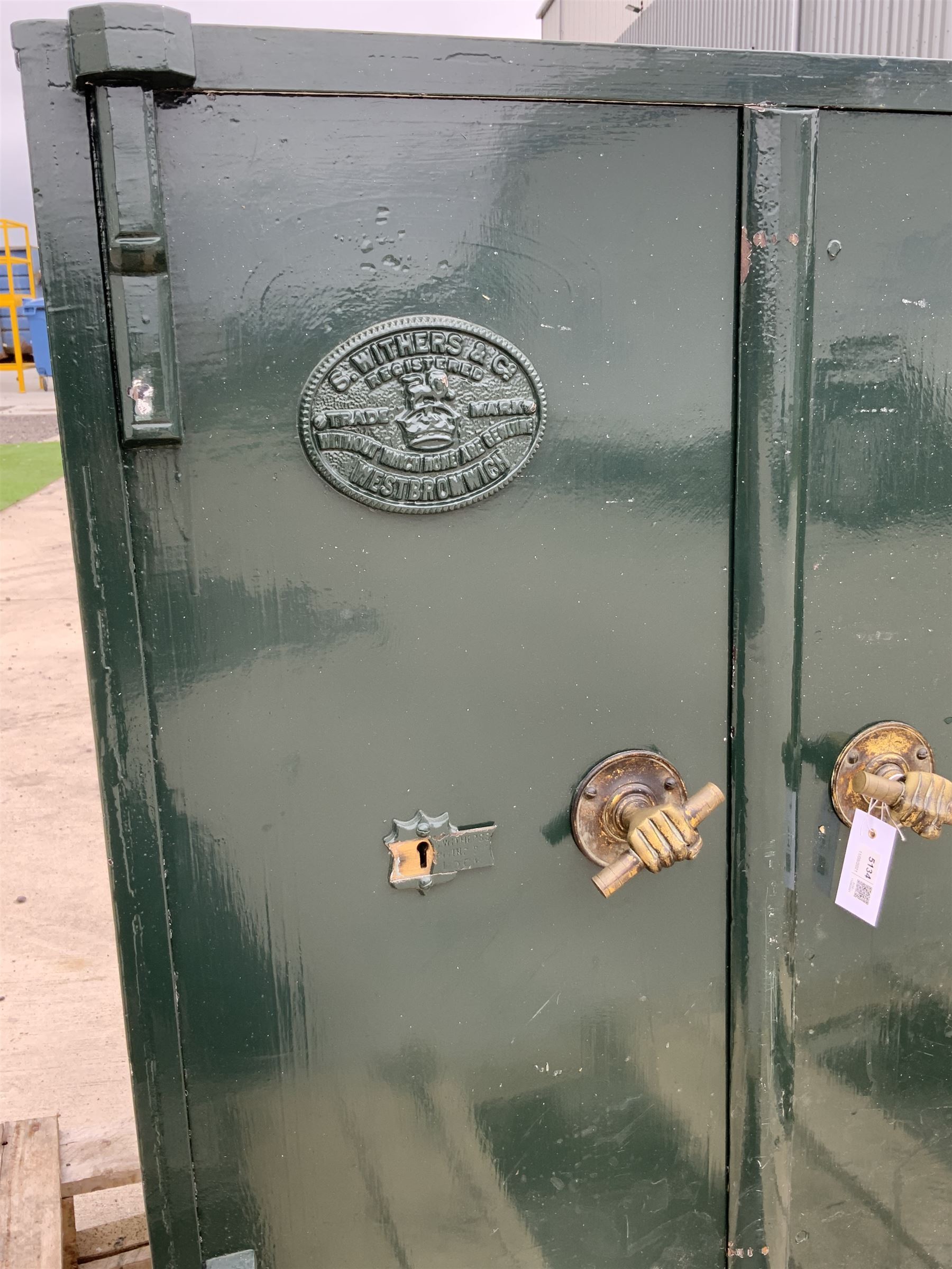 Large Victorian double cast iron safe by Withers of West Bromwich, NO KEYS present, two doors enclosing shelves - THIS LOT IS TO BE COLLECTED BY APPOINTMENT FROM DUGGLEBY STORAGE, GREAT HILL, EASTFIELD, SCARBOROUGH, YO11 3TX