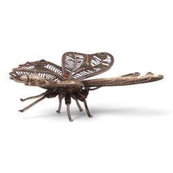Two filigree insects, modelled as a butterfly and hornet, with decorative stones applied to the wings, butterfly L9cm