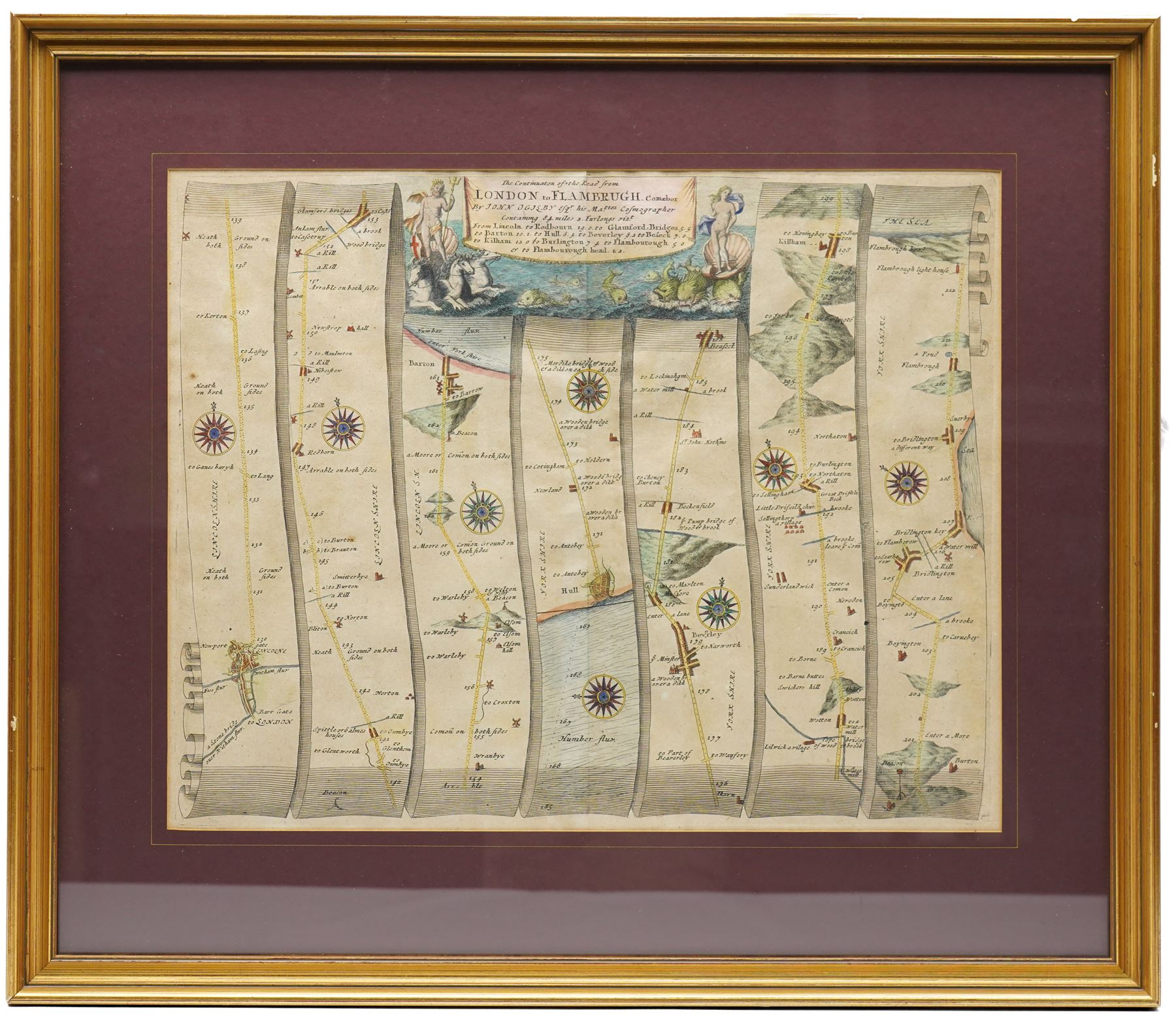 John Ogilby (British 1600-1676): ''The Road from London to Flamborough Head', 17th century engraved strip map with hand-colouring 36cm x 45cm; and 'The Roads from York to Scarborough' 18th century double-sided engraved strip map with hand-colouring to one side 16cm x 21cm (2)