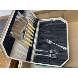 Cased canteens of fish knives and forks, together with part canteen in oak box and various other cased flatware, in two boxes 