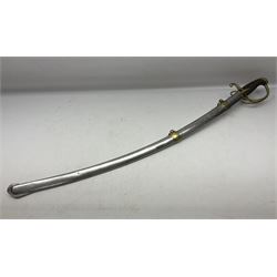 Early 19th century French Lancers officer's sword c1810, the 84cm curving fullered blade retaining most of its bluing, gilding and engraved decoration, inscribed I.S.& C. to ricasso (for Schimelbusch), brass three-bar hilt with elongated elliptical langets and wire-bound leather grip; in polished steel scabbard with two brass suspension rings L100cm overall