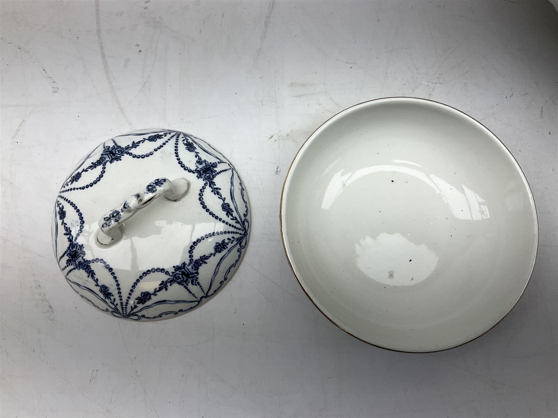 Victorian Empire blue and white transfer printed slop bucket with lid, H28cm excl handle, wash jug and bowl set with toothbrush holder, soap dish and drainer etc