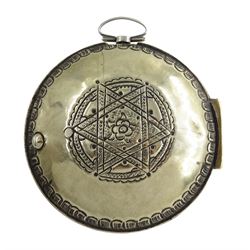 18th century silver and tortoiseshell quadruple cased verge fusee pocket watch by Graham, London, square baluster pillars, pierced and engraved balance cock, signed white enamel dial with Roman numerals and Fleur de Lys decoration, tortoiseshell third outer case with pique work to the borders, in a fitted later white metal fourth case