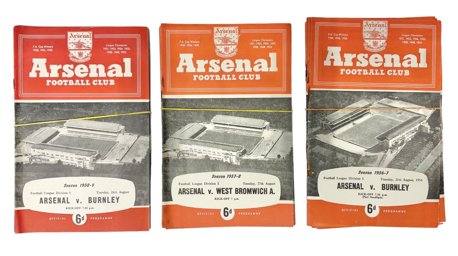 Arsenal F.C. - forty-nine home programmes for 1956/57 (21), 1957/58 (13) & 1958/59 (15) including Division One, F.A. Cup (including replays) and Friendly Matches (49). Auctioneers Note: The February 1st match against Manchester United (result Arsenal 4 Manchester United 5) was the final domestic league match played by the Manchester United first team before the Munich Air Crash - thus it was the last game played in the U.K. by the 'Busby Babes', before the tragic death of several of these players.